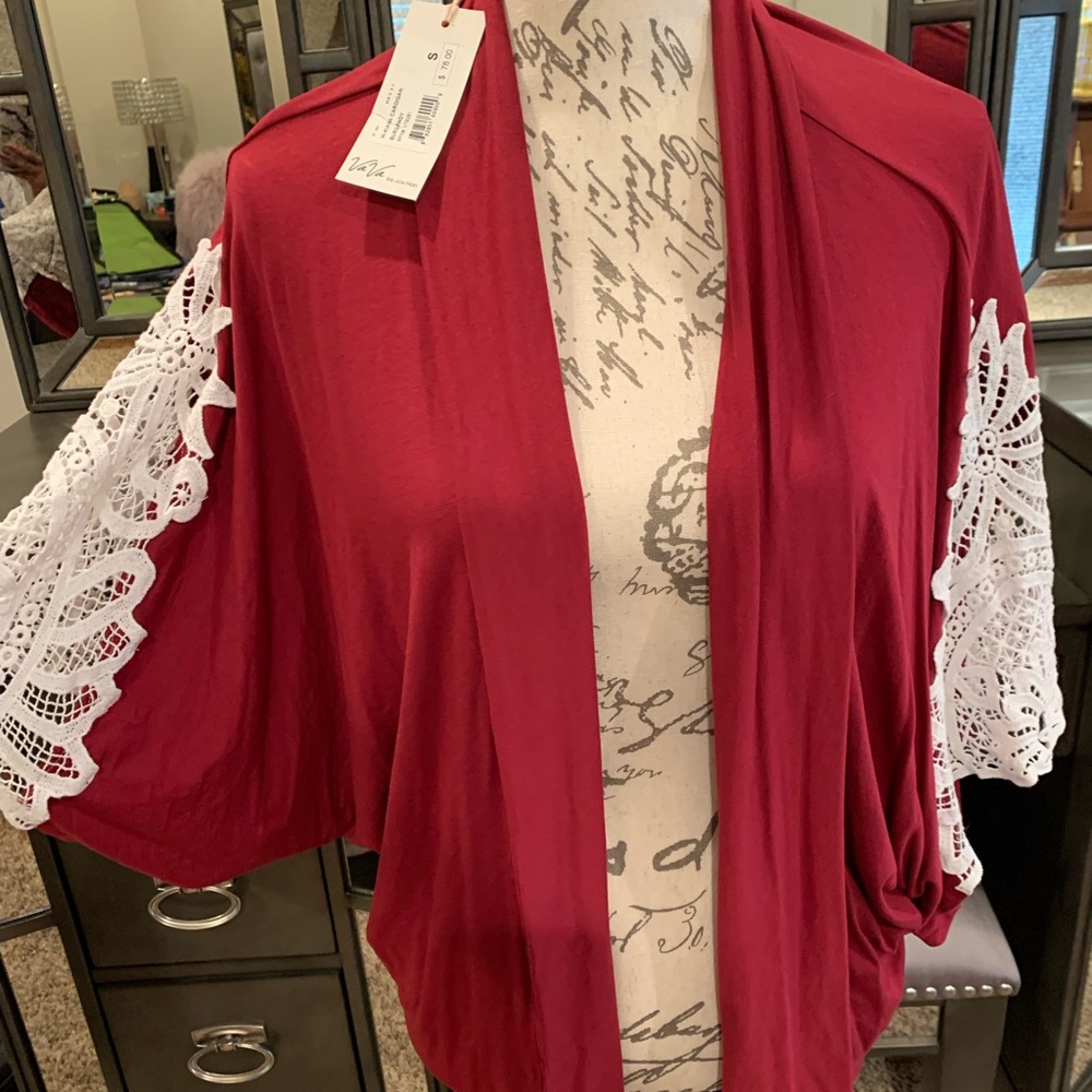 Crimson colored jacket w/ crochet on arms